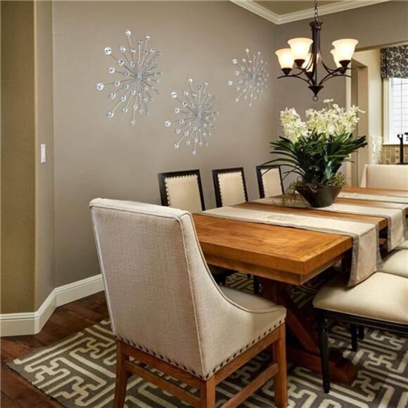 3Set Silver Metal Jeweled Wall Art Bling Crystal Home Décor Sun Burst Rhinestone - Picture 2 of 7